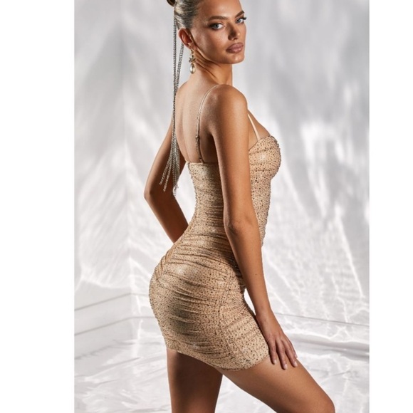 Oh Polly Plunge Mini Dress in Gold - Picture 3 of 13